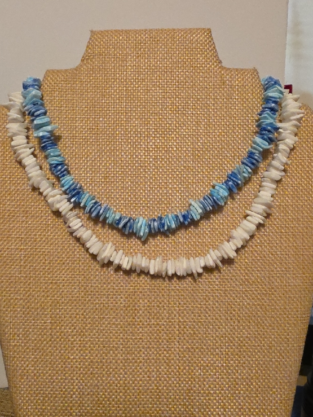 Blue and White Puka Shell Chip Necklace Set